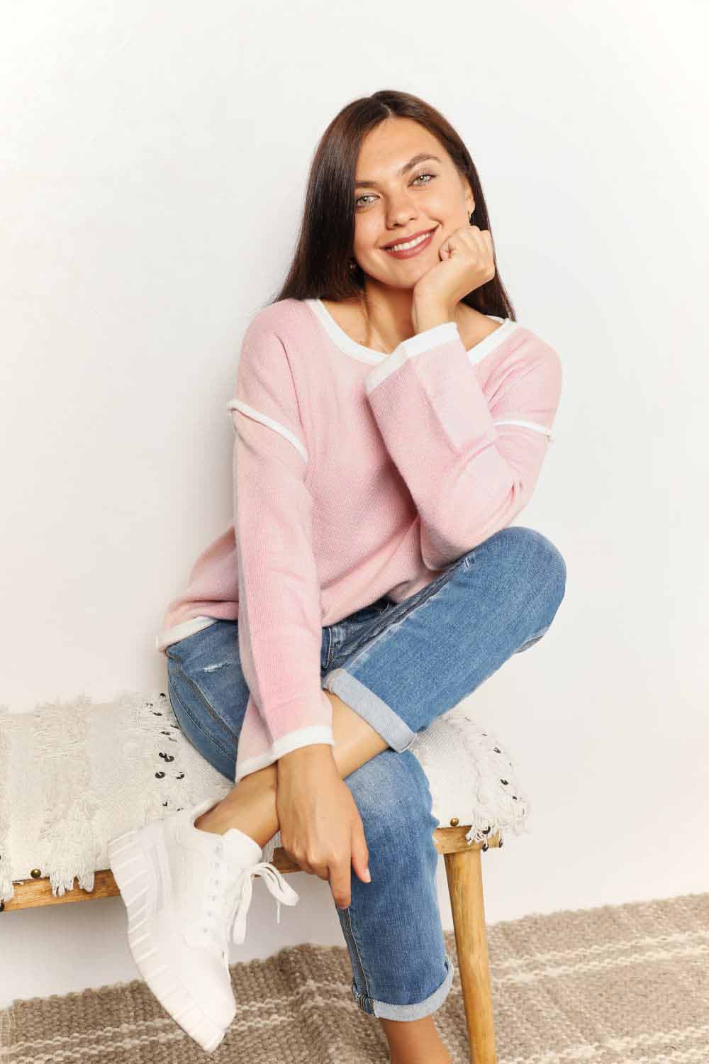 Double Take Blush Pink Contrast Detail Dropped Shoulder Knit Top