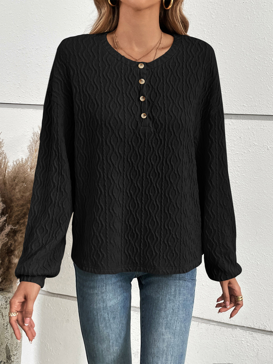 Full Size Half Button Long Sleeve Top