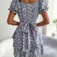 Floral Sweetheart Neck Flounce Sleeve Mini Dress