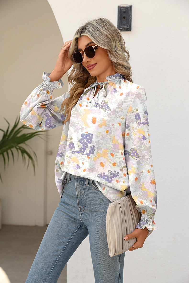 Full Size Printed Tie Neck Flounce Sleeve Blouse