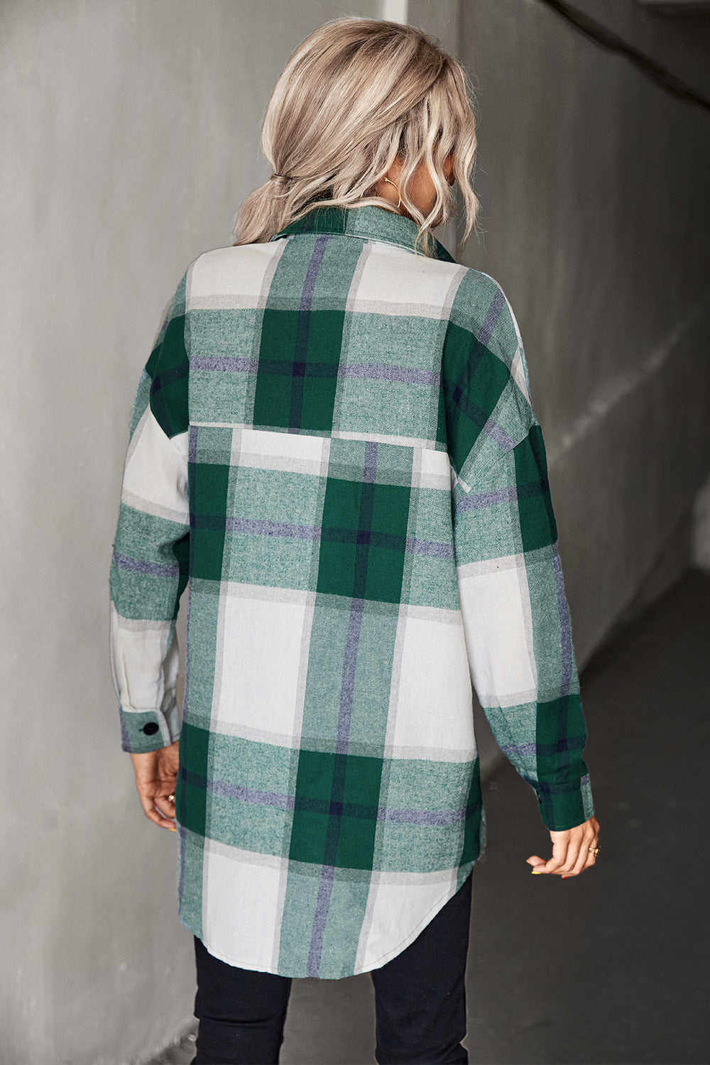 Adriana & Bae Plaid Collared Neck Longline Shirt