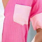 Malibu Dreams Women's Short Sleeve Color Block Textured Johnny Collar Blouse