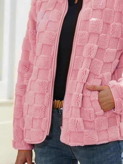 Full Size Fuzzy Checkered Zip Up Jacket