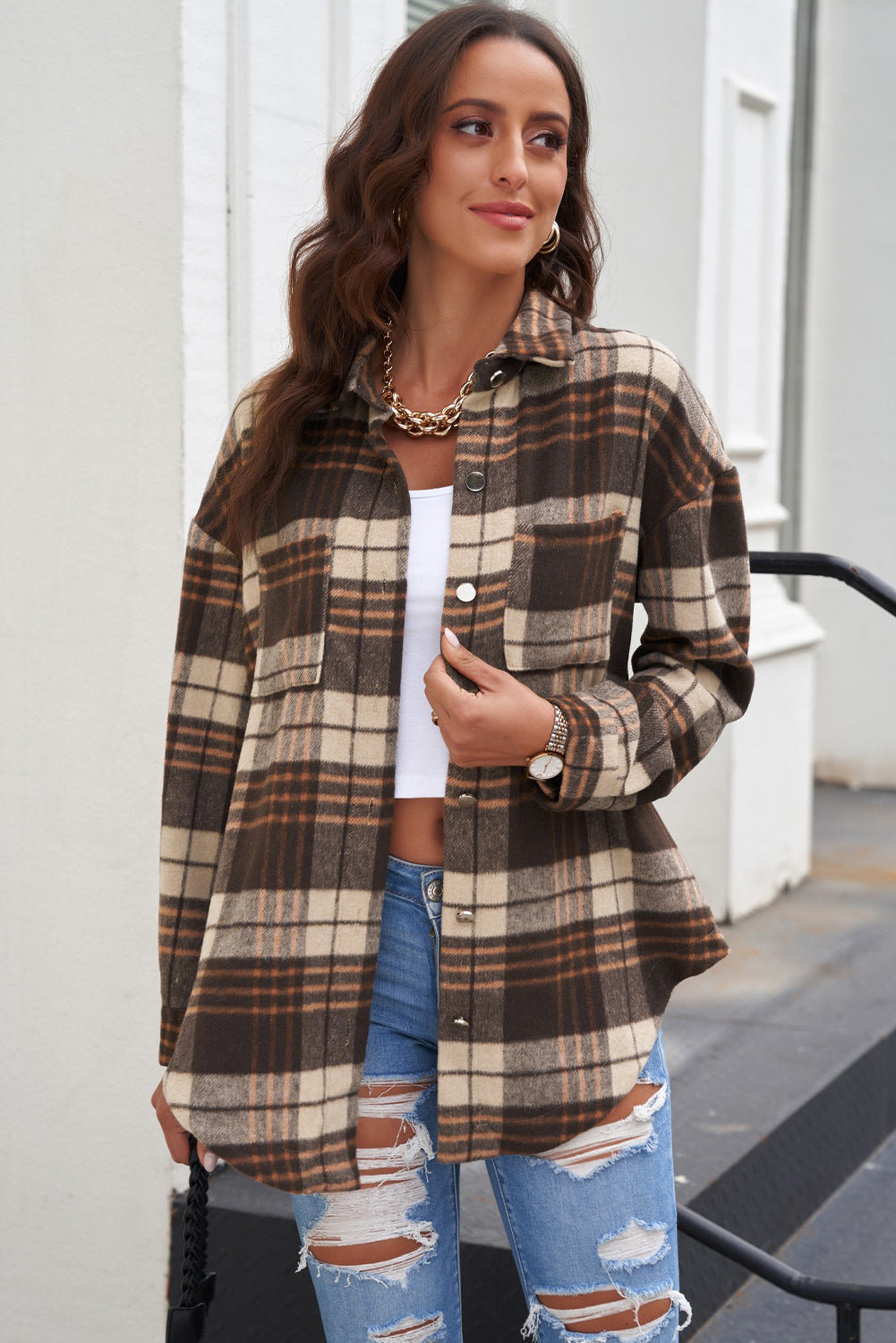 Aaarti&Destiny Full Size Plaid Curved Hem Dropped Shoulder Longline Shirt Jacket