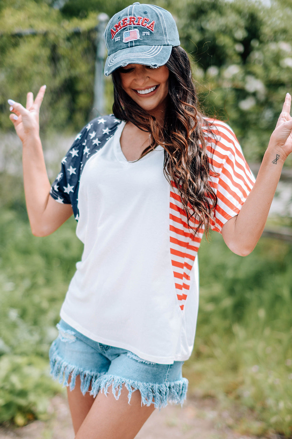 Women's Full Size US Flag Themed V-Neck Tee Shirt