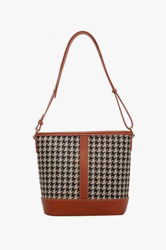 Rebecca Houndstooth Caramel Brown PU Leather Shoulder Bag