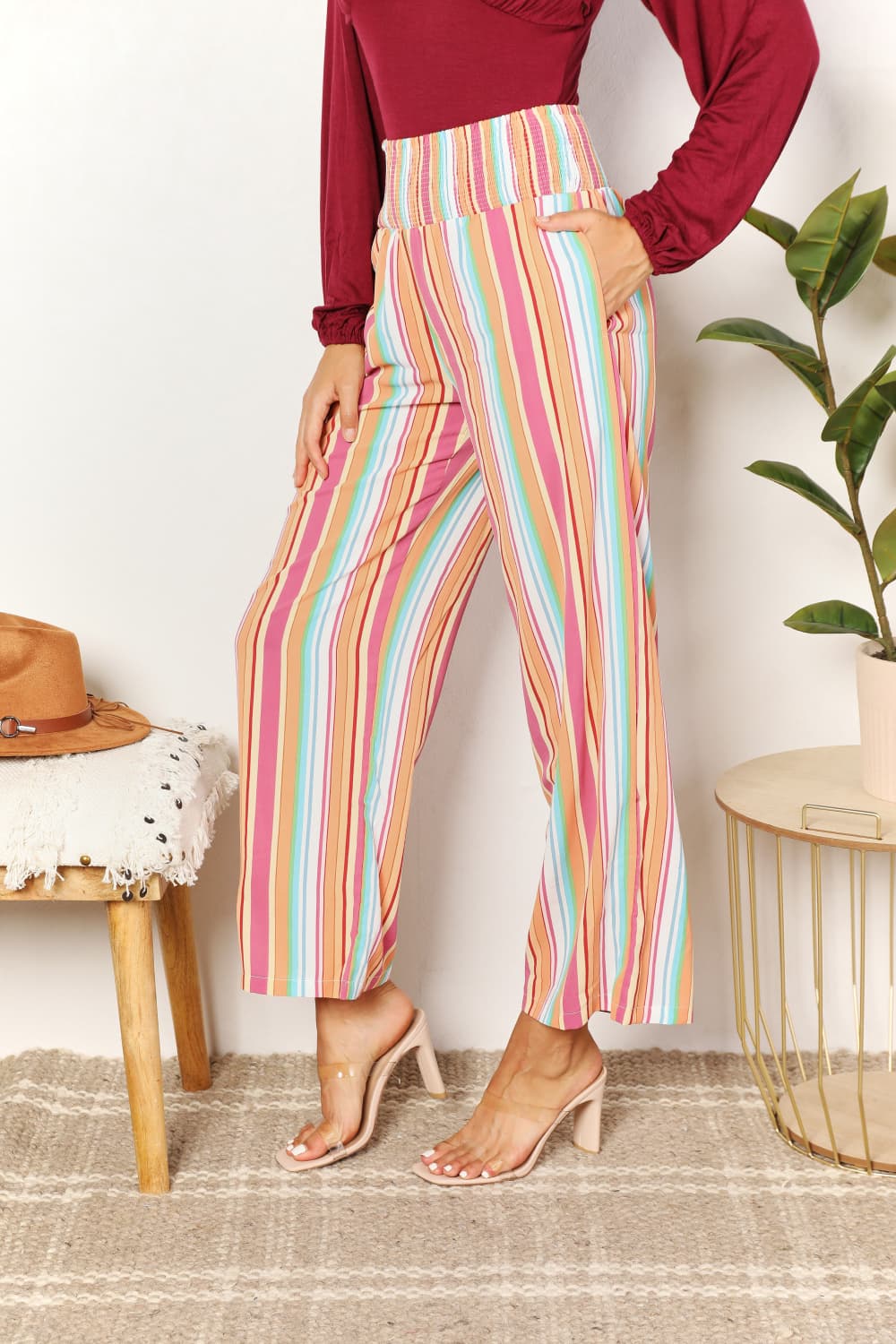 Double Take Striped Smocked Waist Pants with Pockets *