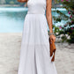 Women's Frill Trim Tie Shoulder Wide Leg Jumpsuit with Pockets
