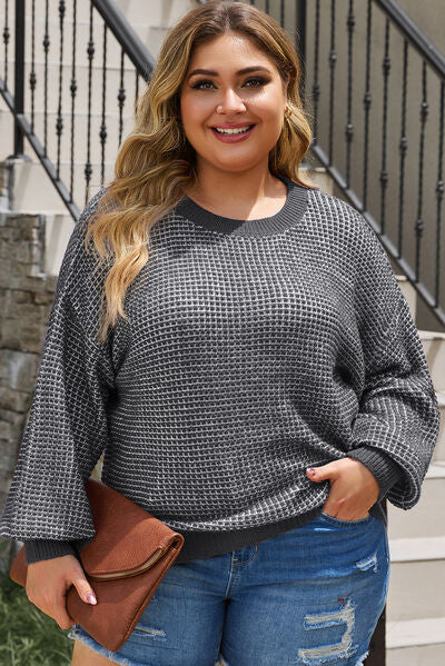 Plus Size Waffle-Knit Round Neck Dropped Shoulder Sweater