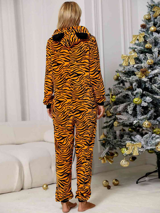 Animal Print Zebra Zip Front Lounge Jumpsuit with Pockets