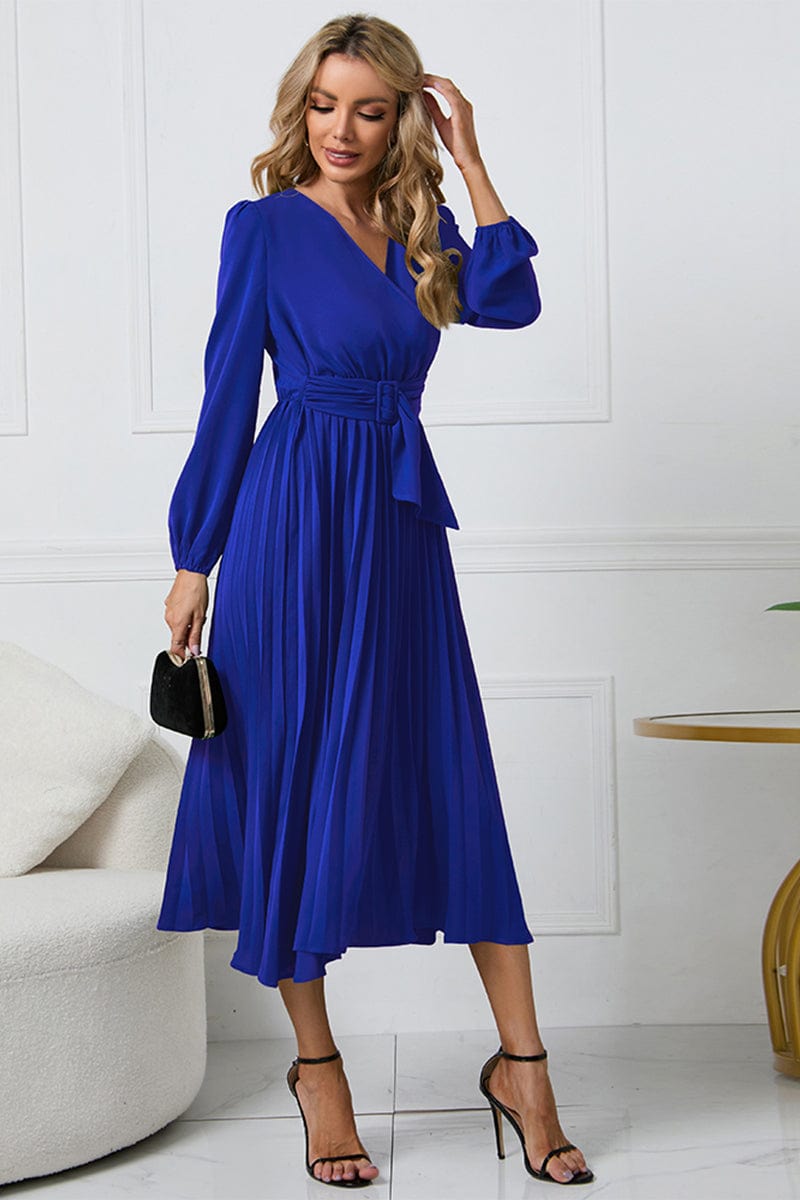 Full Size V-Neck Long Sleeve Tie Waist Midi Dress