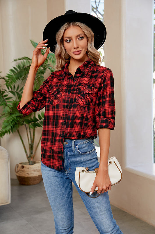 Beauteous Full Size Plaid Curved Hem Long Sleeve Shirt