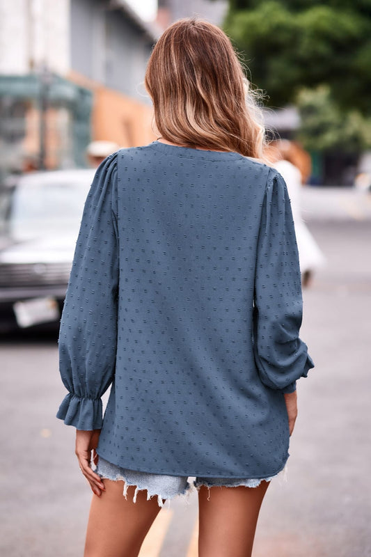 Full Size Swiss Dot Notched Neck Flounce Sleeve Blouse
