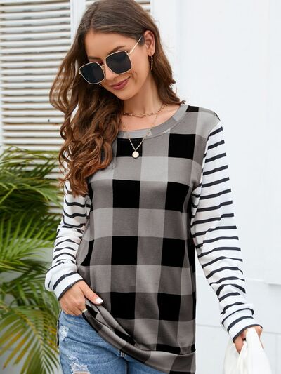 Women's HannahMea Plaid Striped Round Neck Long Sleeve T-Shirt