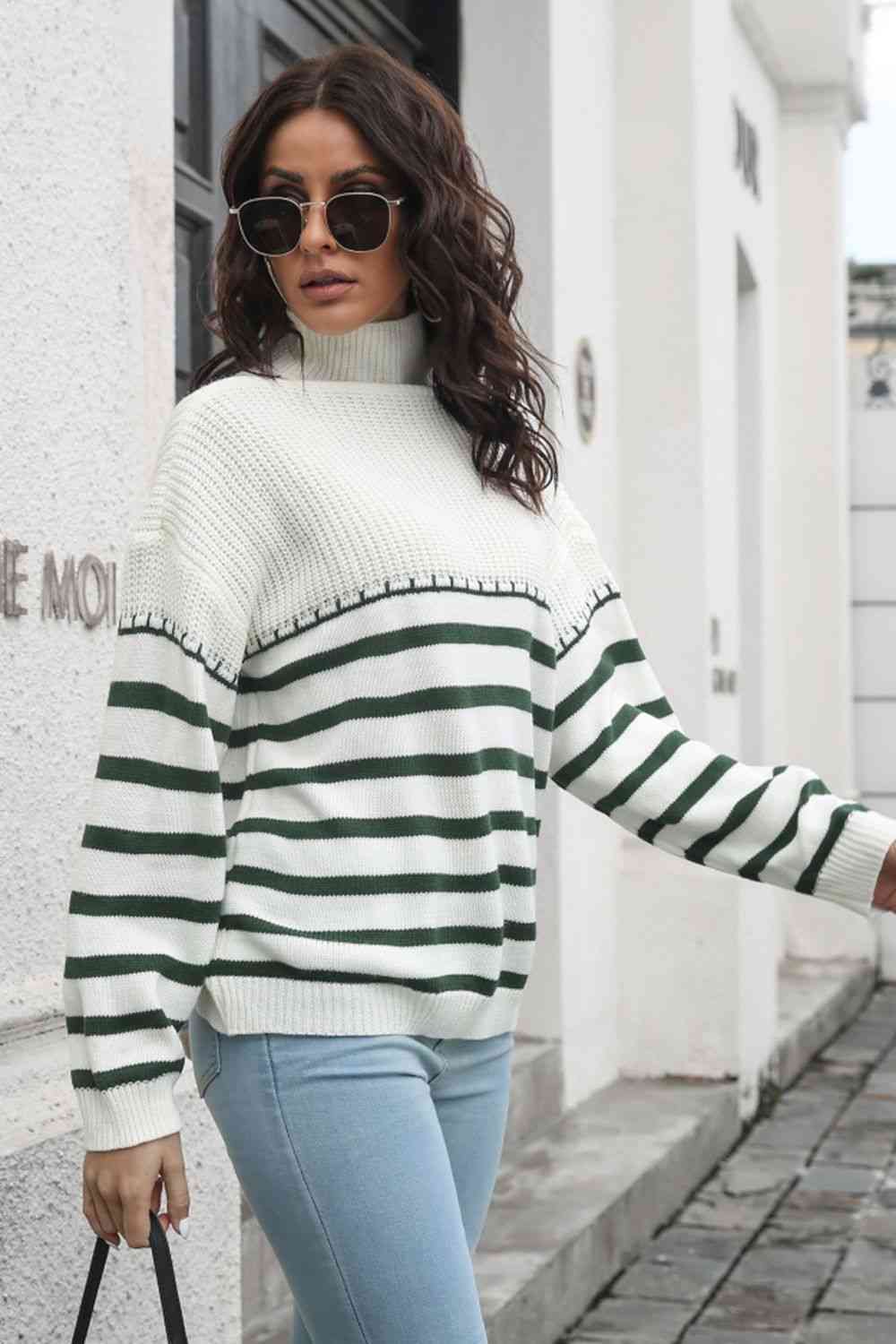 KnittedEmporium Striped Turtleneck Drop Shoulder Sweater