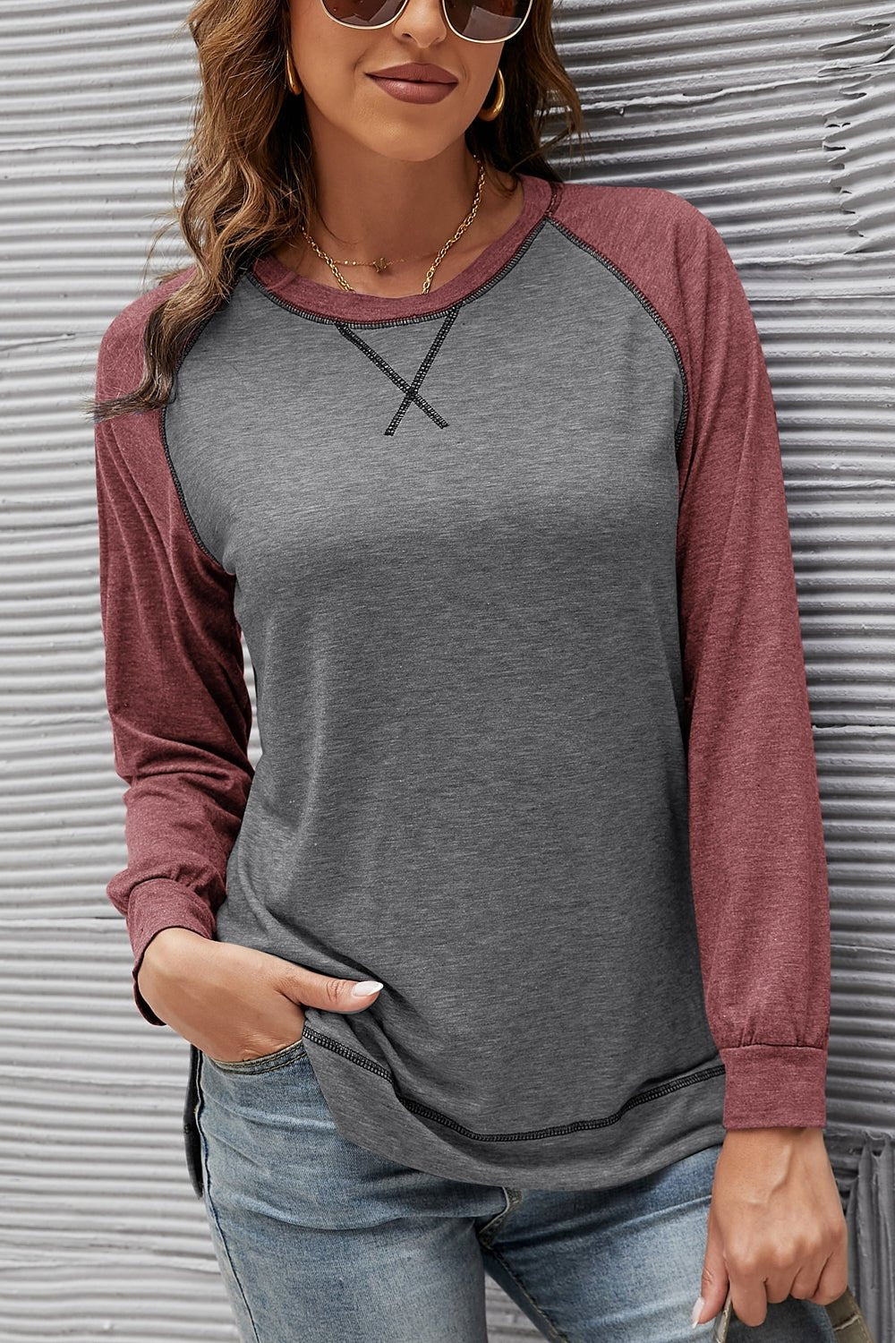 Women's SLENA Full Size Lucia Color Block Raglan Sleeve Top