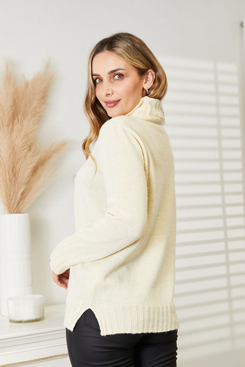 Heimish Cream Full Size Long Sleeve Turtleneck Sweater with Side Slit *