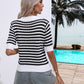Striped Johnny Collar Half Sleeve Knit Top