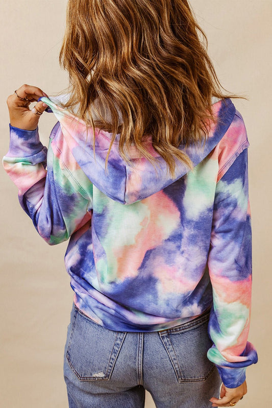Women's Full Size Tie-Dye Drawstring Detail Zip Up Hooded Jacket