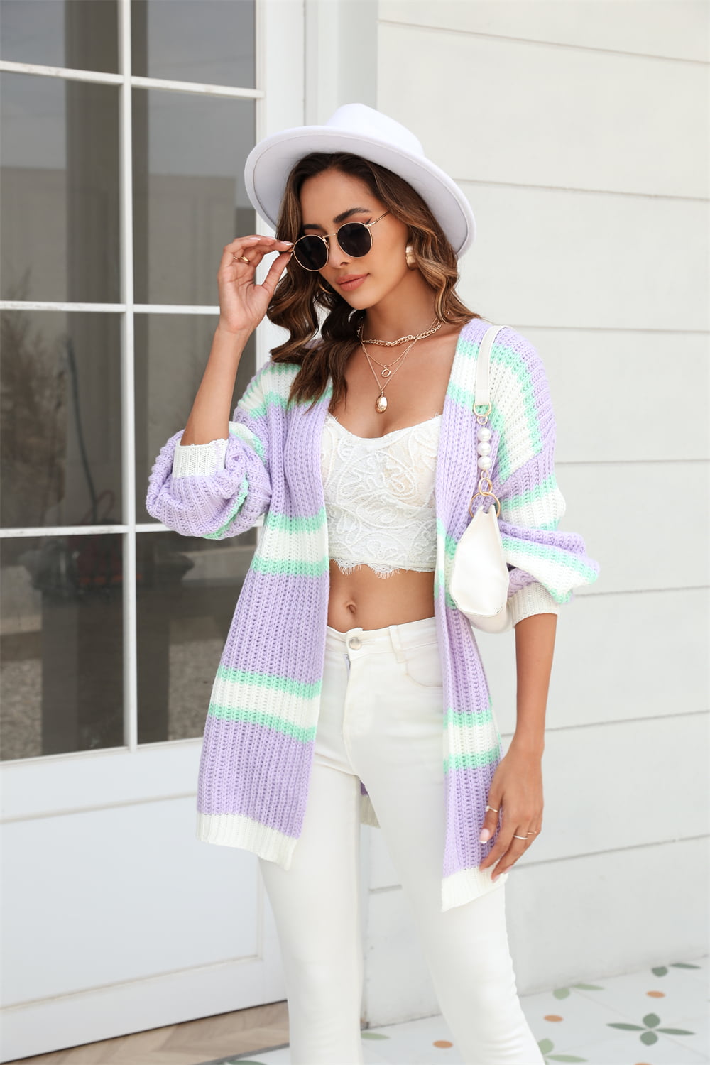 Sophia & Grace Color Block Ribbed Dropped Shoulder Open Front Cardigan