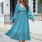 Swiss Dot V-Neck Smocked Lantern Sleeve Ruffle Hem Dress