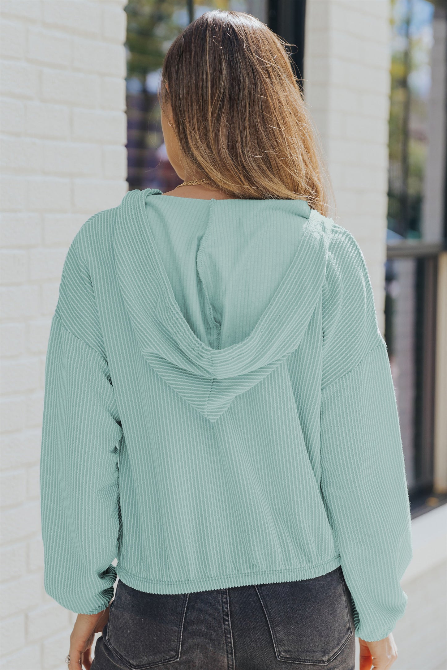 Full Size Mint Green Ribbed Drop Shoulder Hoodie