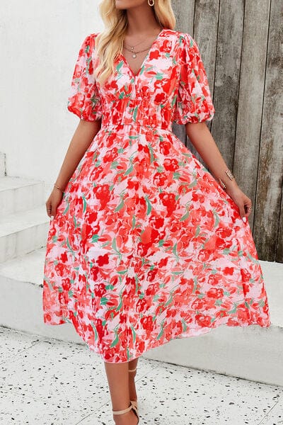 Larissa Bea Smocked Printed V-Neck Short Sleeve Dress