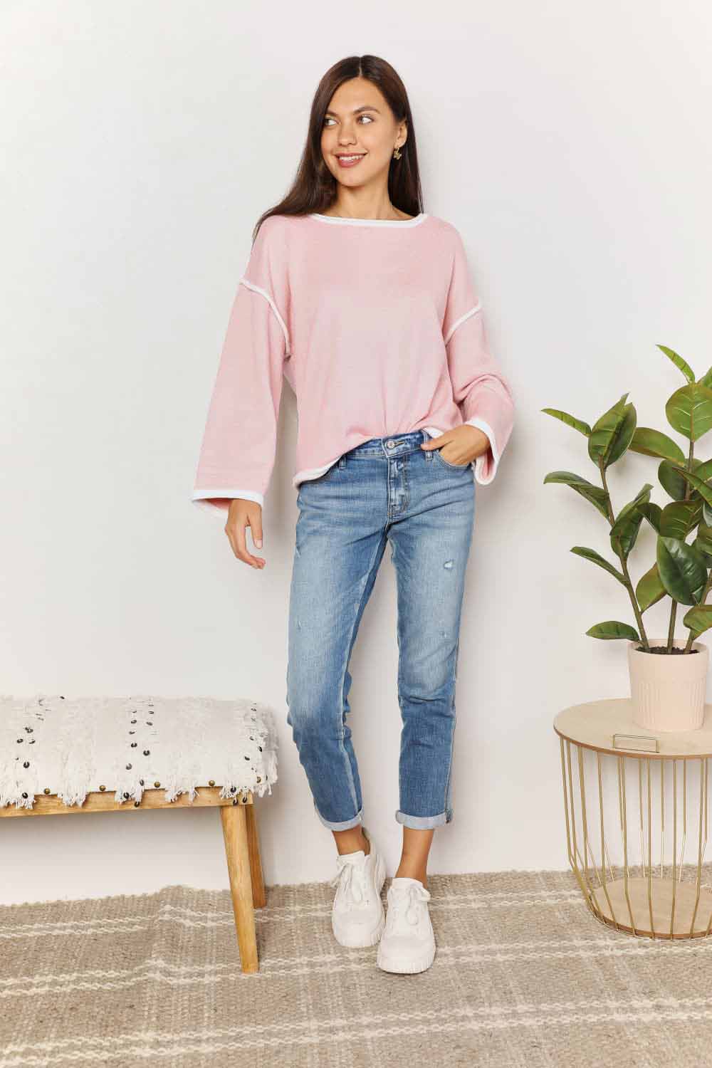 Double Take Blush Pink Contrast Detail Dropped Shoulder Knit Top