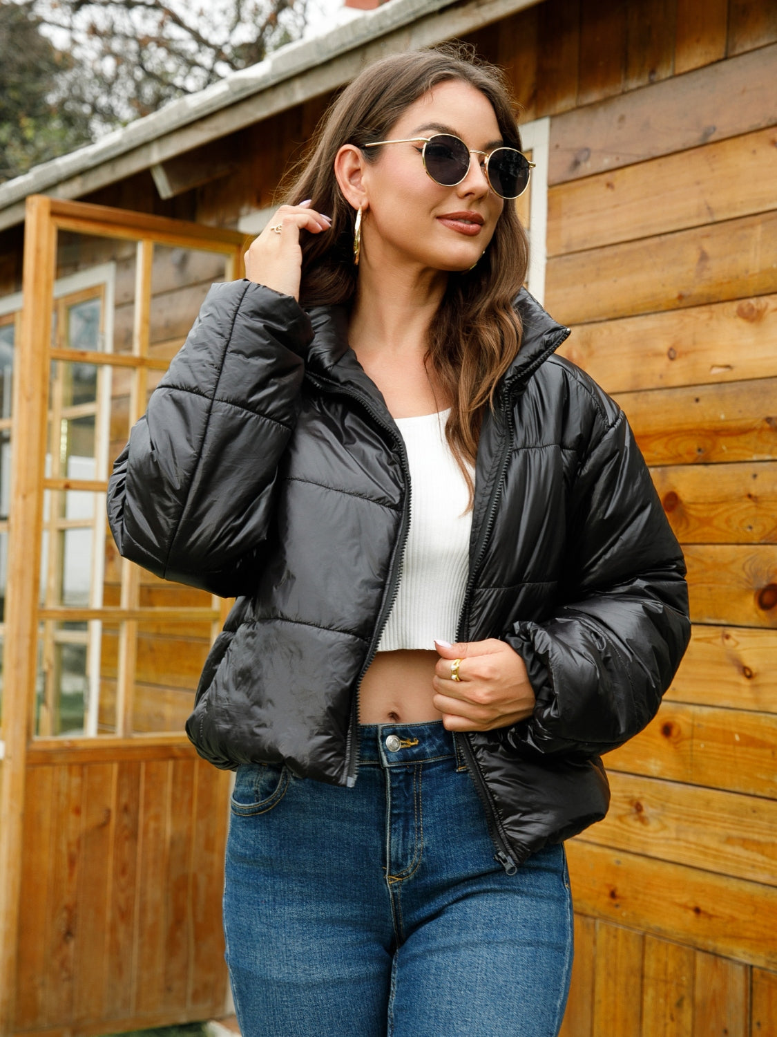 Full Size Zip-Up High Neck Puffer Jacket