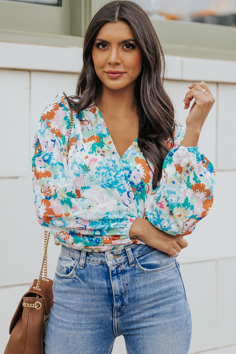 Women's Floral Long Balloon Sleeve Blouse