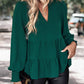 Green Notched Neck Lantern Sleeve Blouse