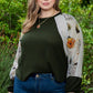 Plus Size Army Green Floral Waffle-Knit Round Neck Blouse