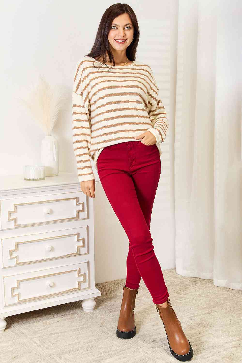 Double Take Striped Boat Neck Sweater *