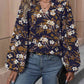 Navy Blue Floral Notched Balloon Sleeve Blouse