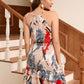 Full Size Printed Grecian Neck Smocked Mini Dress