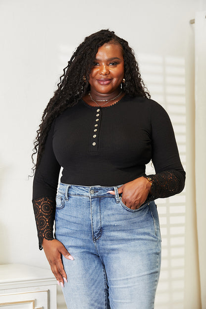 Double Take Black Full Size Crochet Lace Hem Sleeve Button Top