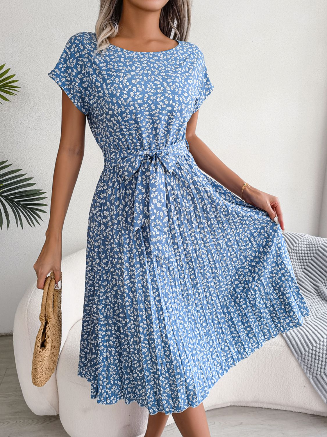 SoPretty Ditsy Floral Pleated Belted Dress