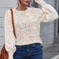 CozyWonders Heathered Round Neck Cream Lantern Sleeve Sweater