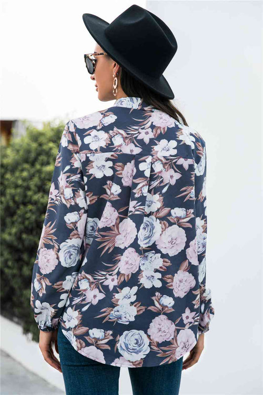 Floral Print Navy Mock Neck Button Front Shirt