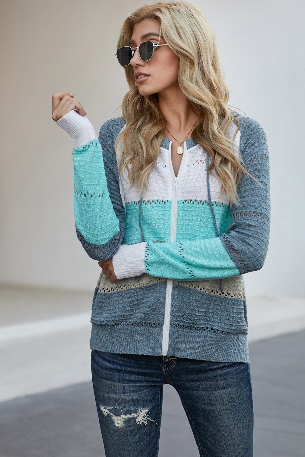 Full Size Zip-Up Raglan Sleeve Openwork Hooded Cardigan