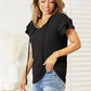 Double Take Black Full Size Eyelet Tie-Neck Flutter Sleeve Blouse
