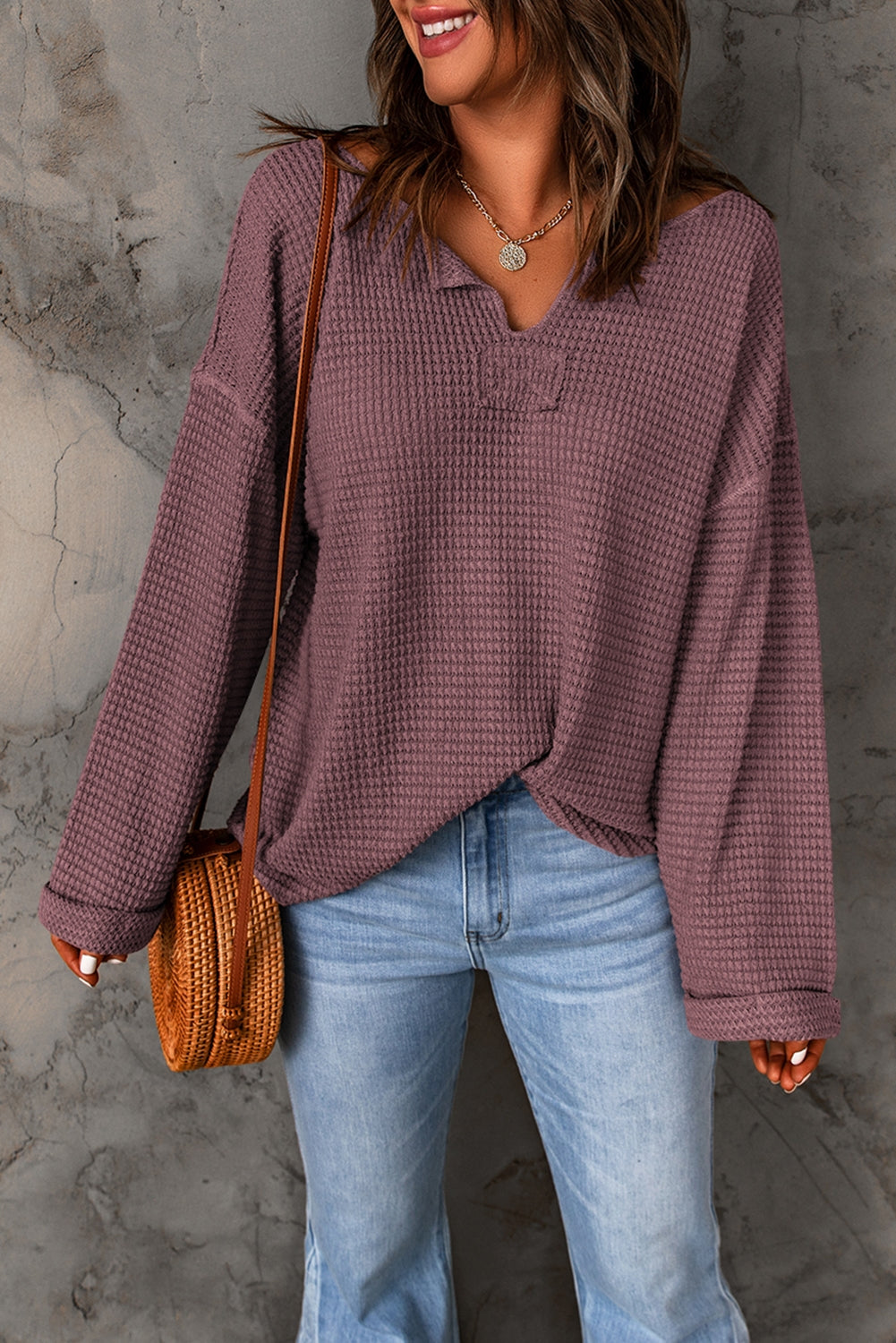 Full Size Notched Neck Drop Shoulder Blouse