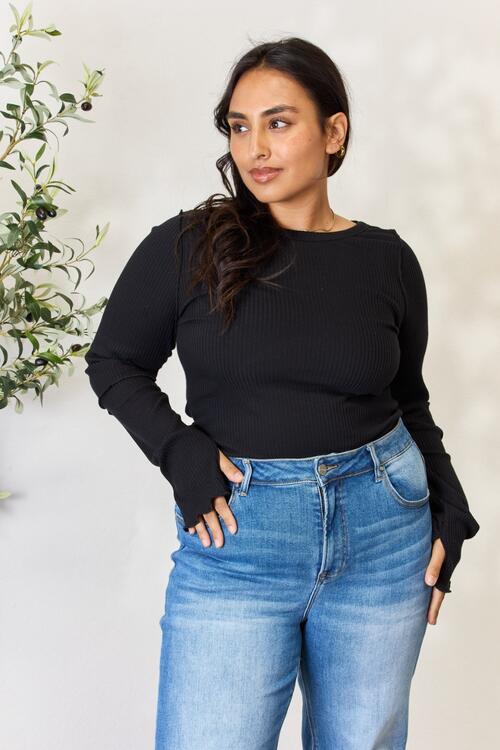 Culture Code Full Size Ribbed Round Neck Long Sleeve Top *