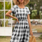 Smocked Plaid Round Neck Short Sleeve Dress
