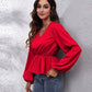 V-Neck Balloon Sleeve Peplum Blouse