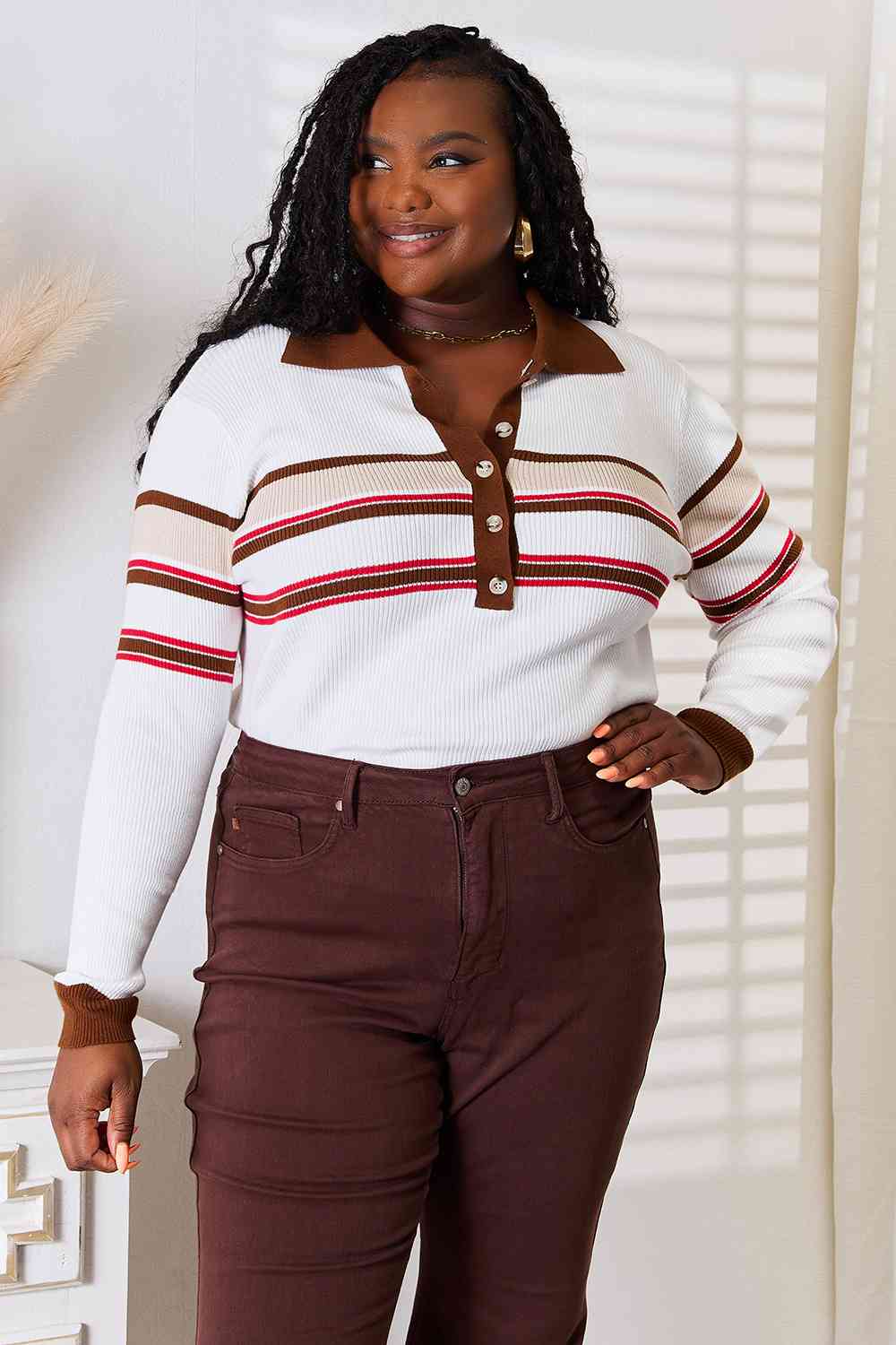 Basic Bae Striped Collared Neck Rib-Knit Top *