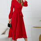 Full Size V-Neck Long Sleeve Tie Waist Midi Dress
