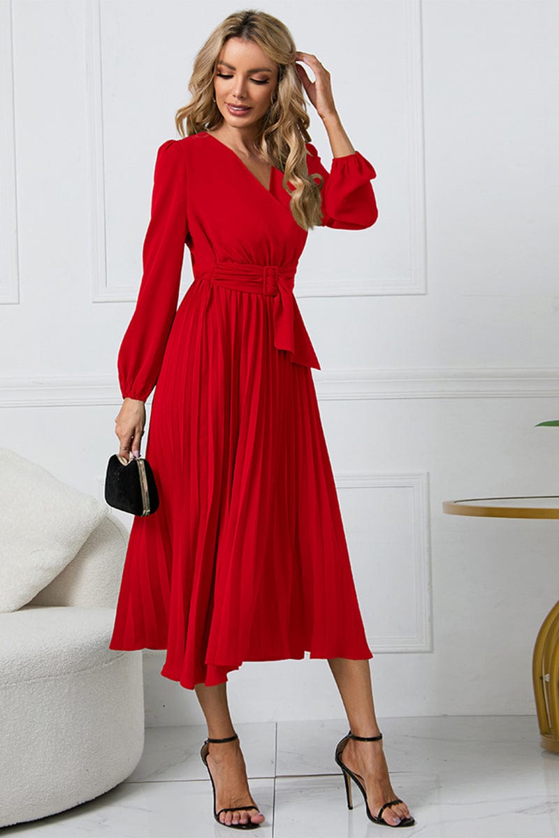 Full Size V-Neck Long Sleeve Tie Waist Midi Dress