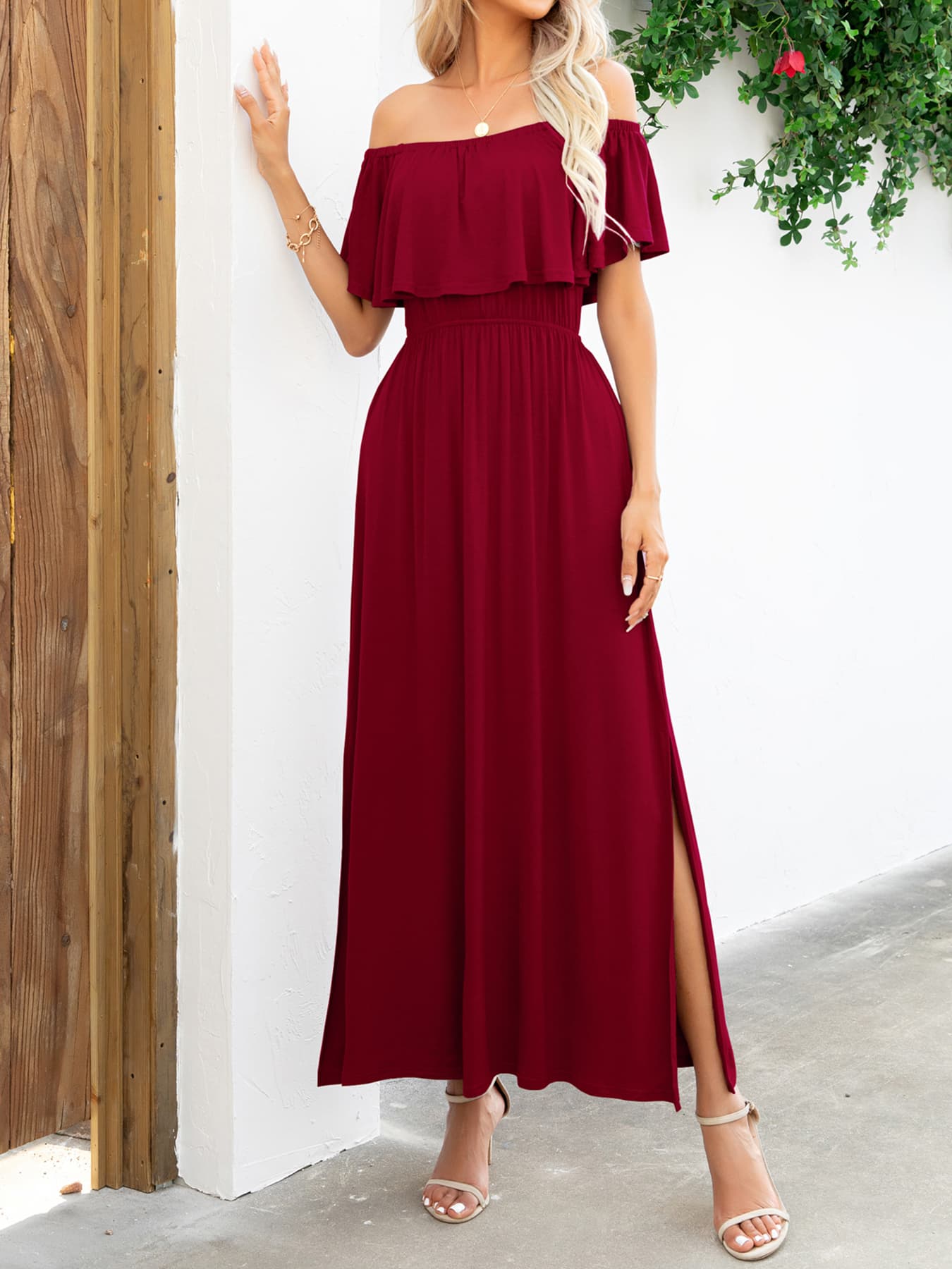 OCEANSIDE Full Size Off-Shoulder Slit Maxi Dress