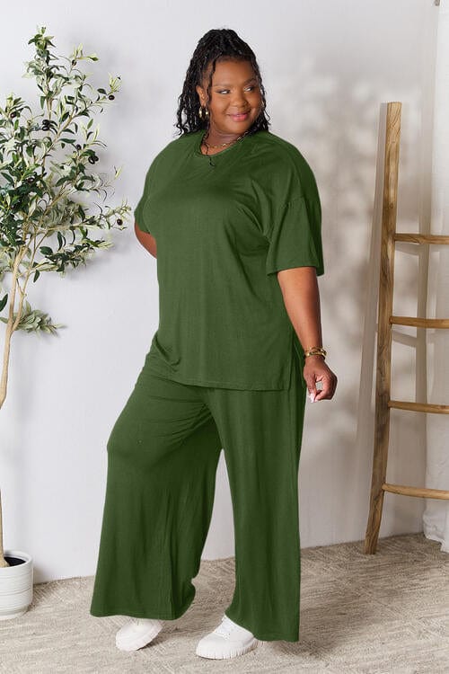 Double Take Full Size Round Neck Slit Top and Pants Set *